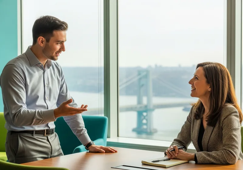 Managed IT services for small businesses in Fort Lee NJ, VJNetworks engineer meeting a high-rise office manager with the GW Bridge visible through the window