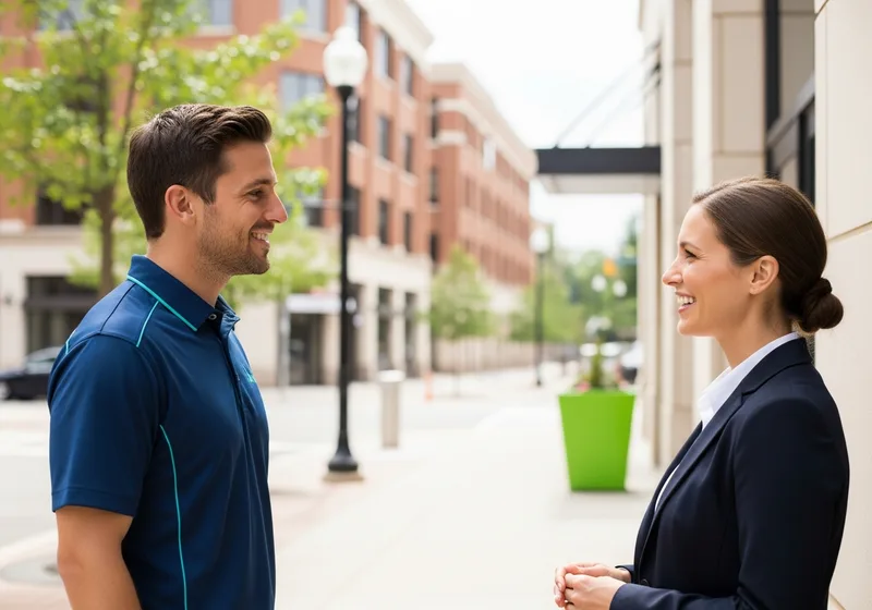 Managed IT services for small businesses in Hackensack NJ, VJNetworks engineer meeting a Main Street office manager