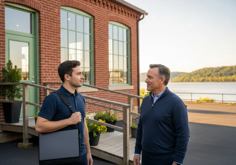 Managed IT services for small businesses in Haverstraw NY, VJNetworks engineer meeting a business owner outside a converted brick mill building near the Hudson River