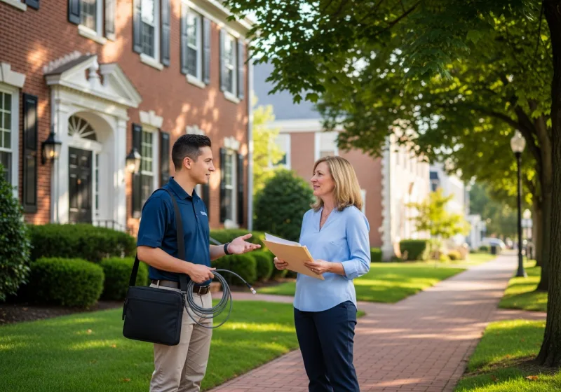 Managed IT services for small businesses in New City NY, VJNetworks engineer meeting an office manager outside a Main Street professional building