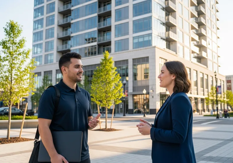 Managed IT services for small businesses in New Rochelle NY, VJNetworks engineer meeting a business owner outside a downtown mixed-use building