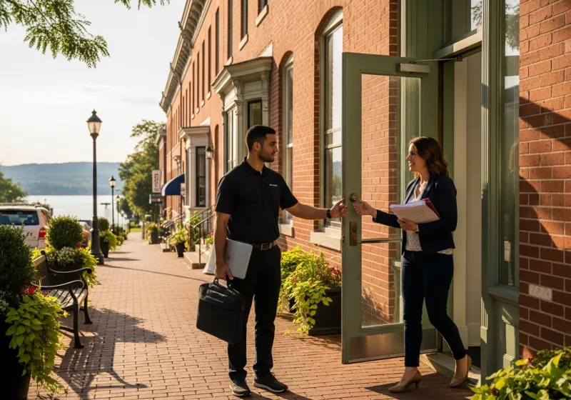 Managed IT services for small businesses in Nyack NY, VJNetworks engineer arriving at a downtown brick professional office near the Hudson River
