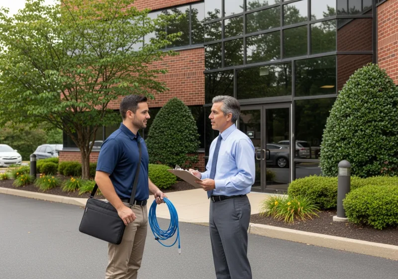 Managed IT services for small businesses in Orangeburg NY, VJNetworks engineer meeting an office park facilities manager