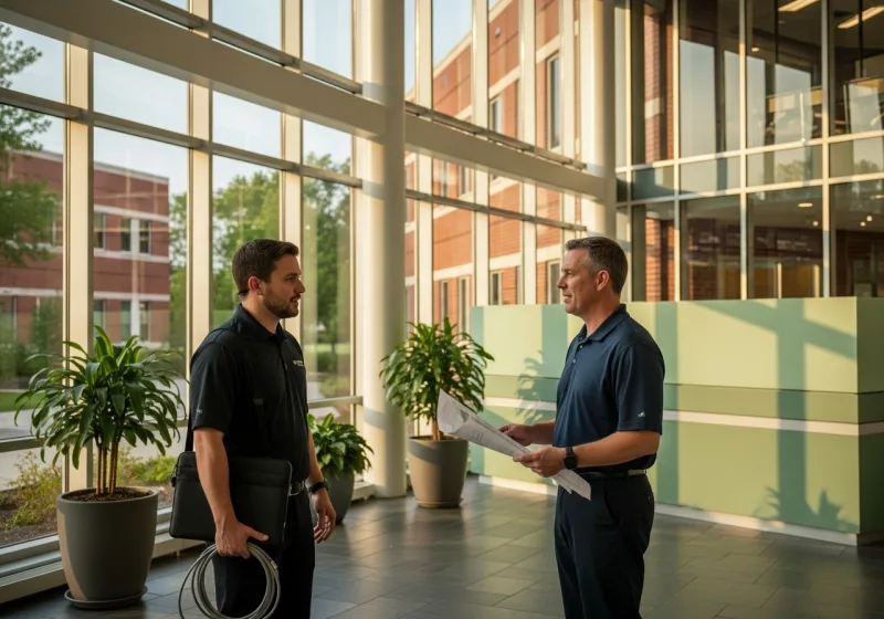 Managed IT services for small businesses in Pearl River NY, VJNetworks engineer on-site at a multi-tenant office and lab campus