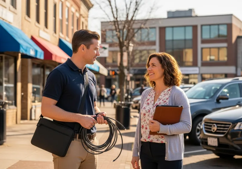 Managed IT services for small businesses in Spring Valley NY, VJNetworks engineer meeting a downtown Main Street business owner