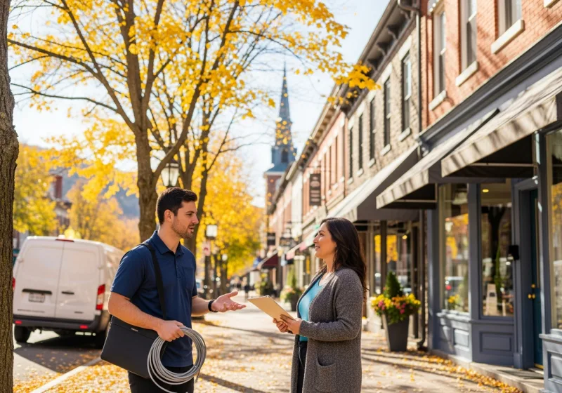 Managed IT services for small businesses in Tarrytown and Sleepy Hollow NY, VJNetworks engineer meeting a Main Street business owner