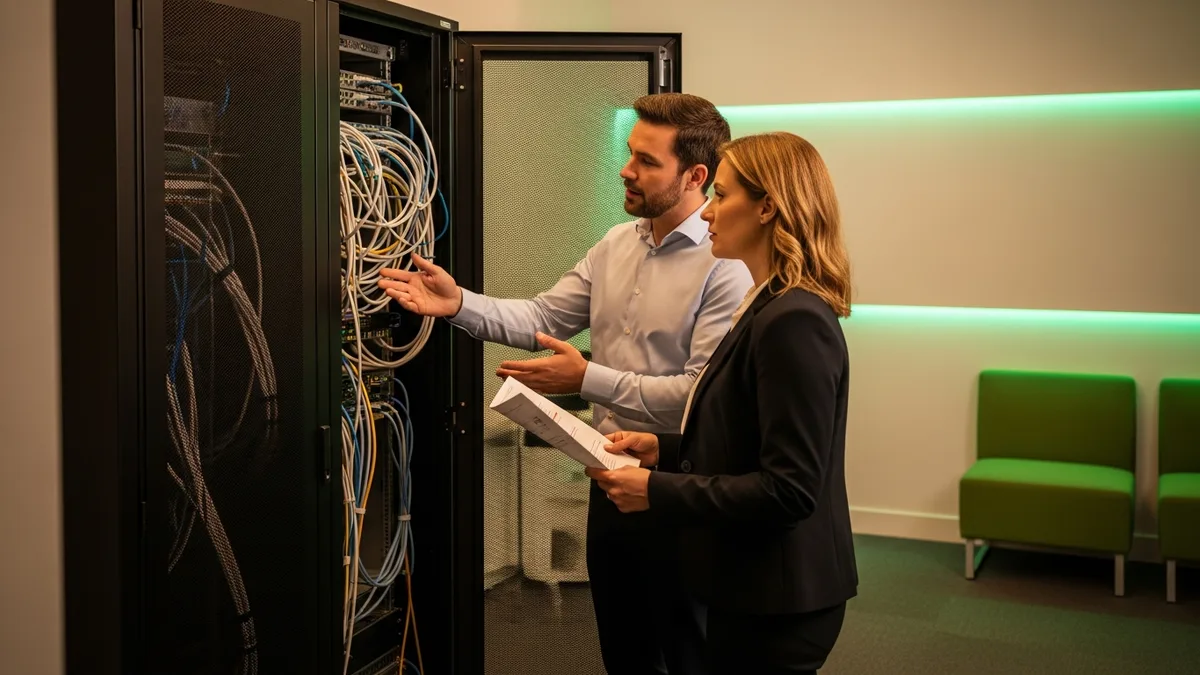 IT technician and business owner discussing a network server rack during a managed IT services response