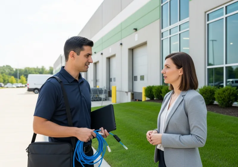 Managed IT services for small businesses in West Nyack NY, VJNetworks engineer meeting a retail operations manager at a commercial park loading dock