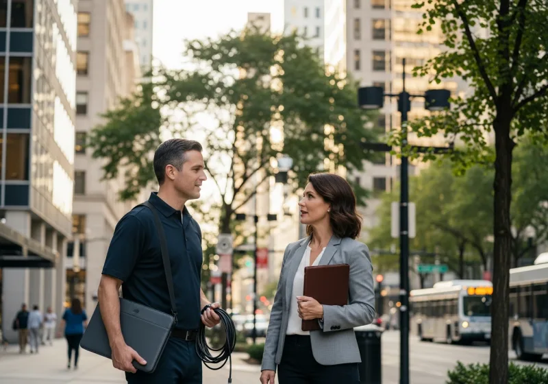 Managed IT services for small businesses in White Plains NY, VJNetworks engineer meeting a downtown office manager