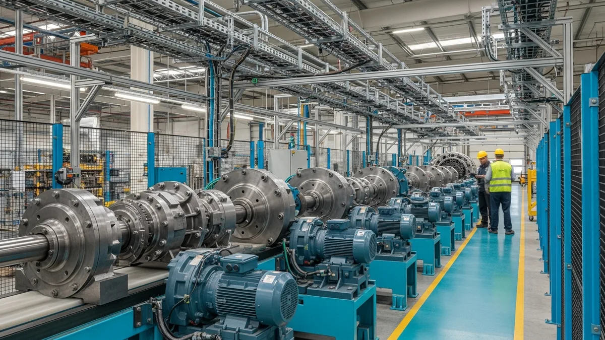 Two workers inspecting industrial production equipment on a manufacturing plant floor