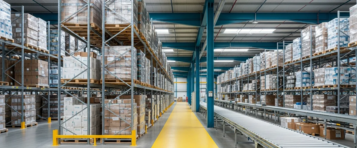 Manufacturing warehouse floor with pallet racking and conveyor line representing the IT and OT network environment ransomware targets