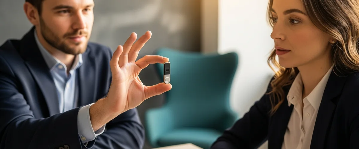 IT consultant showing a phishing-resistant hardware security key to a small business owner