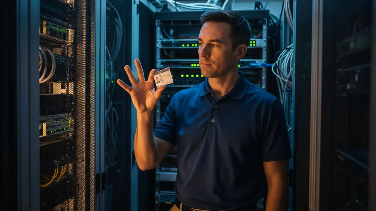 IT technician examining a PKI-based smart card used for phishing-resistant authentication