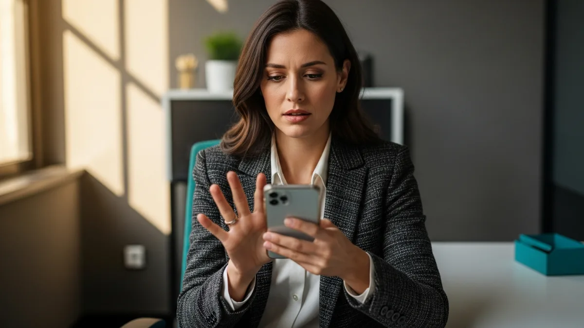 Business owner reacting to repeated push notifications, illustrating a push bombing attack