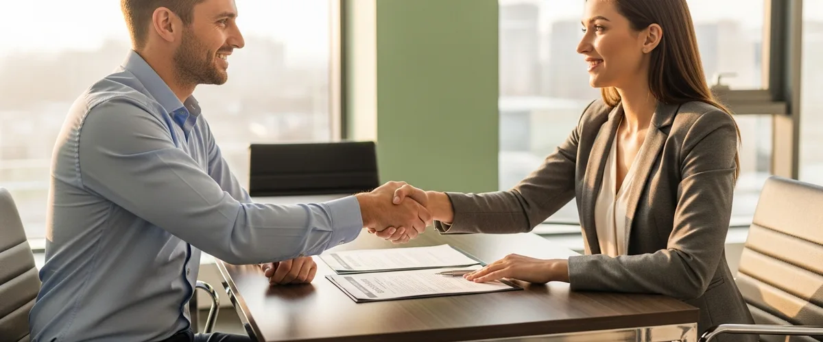 Business owner and IT consultant shaking hands after reviewing a managed IT services contract