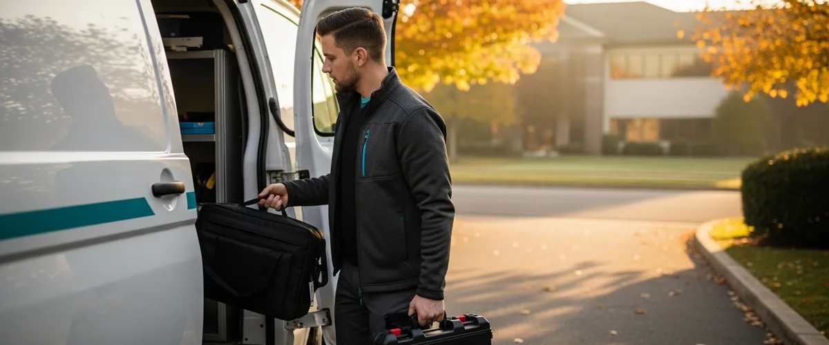 IT service technician loading equipment for a local on-site visit in the tri-state area