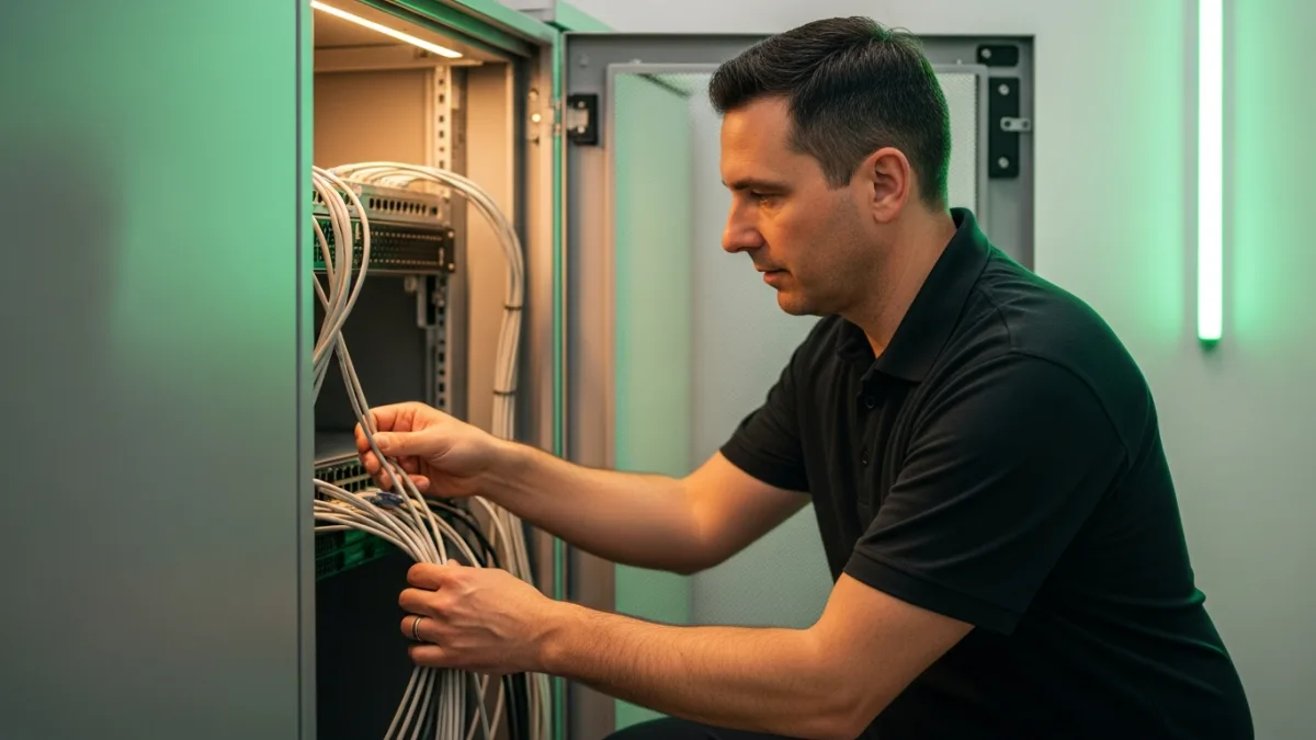 IT engineer routing and organizing network cables in a server rack cabinet as part of standardizing IT across business locations