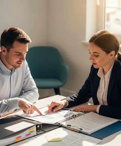 IT engineer and office manager reviewing printed binders of site documentation for a multi-location business