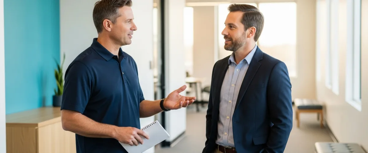 IT engineer and small business owner discussing a multi-location IT strategy in a modern office hallway