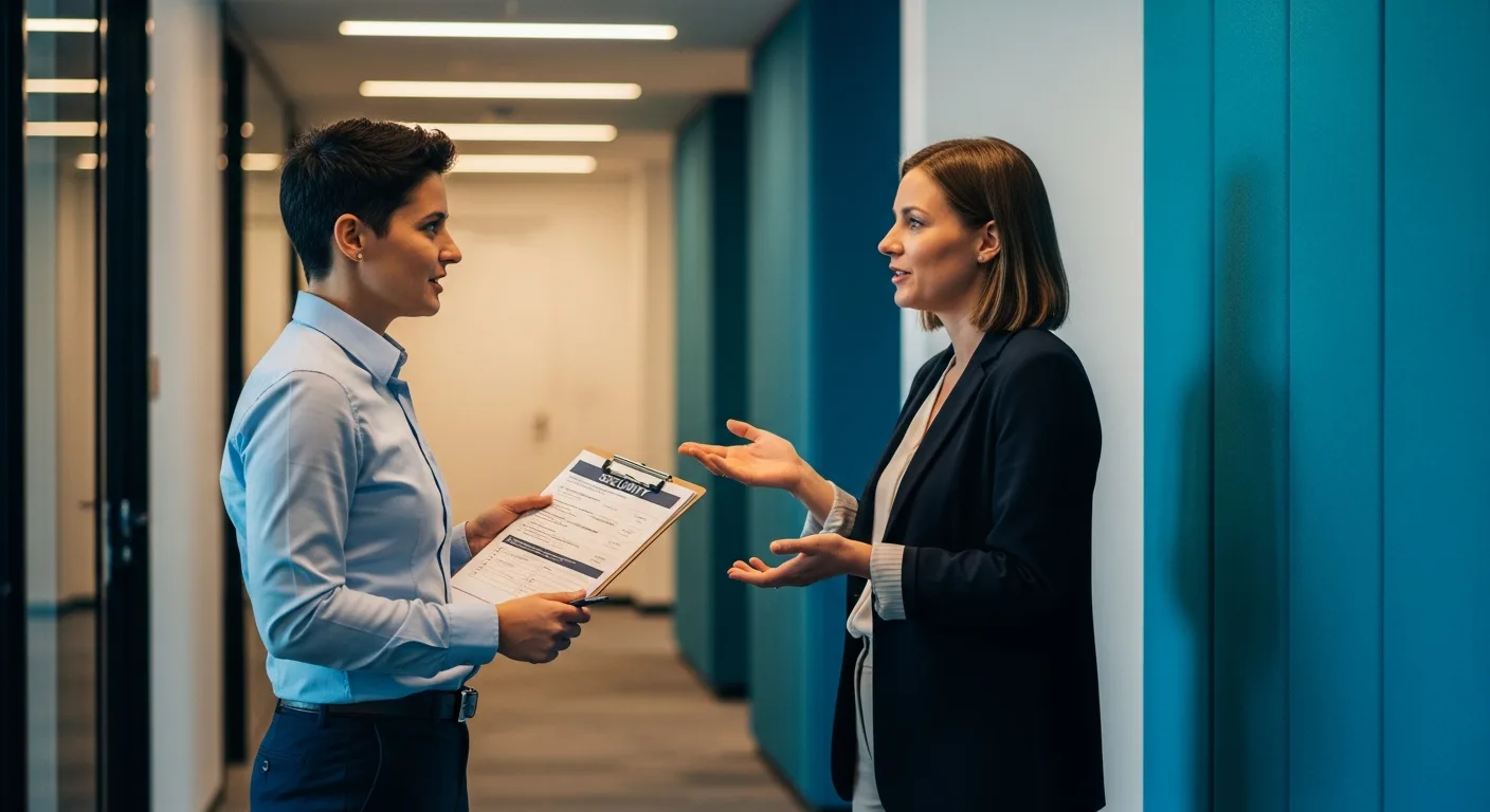 Two colleagues discussing a printed network security checklist in an office hallway