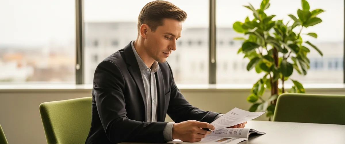 Business owner reviewing a printed report at a conference table, evaluating signs he needs a new IT company