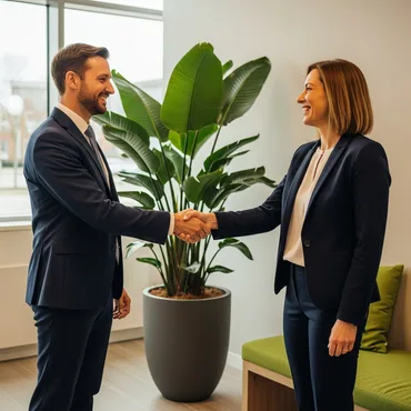 Business owner shaking hands with a new IT company representative in a modern office