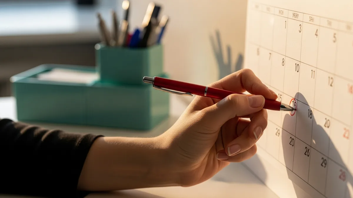Hand marking an important compliance deadline on a physical wall calendar