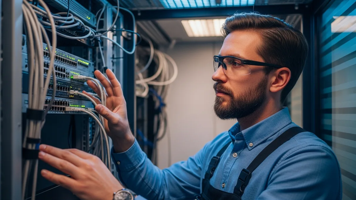 IT technician checking network security equipment for cybersecurity compliance