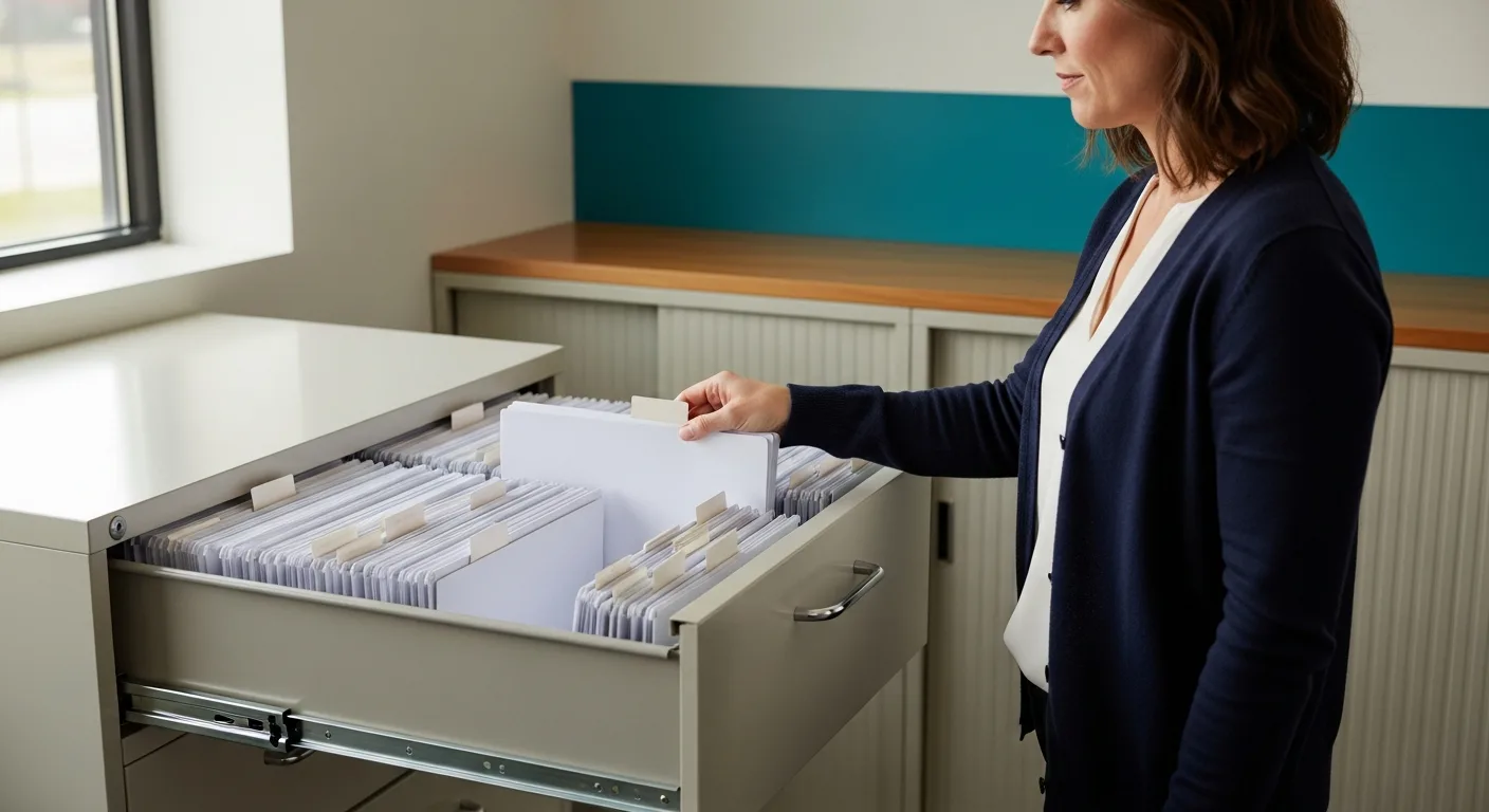Open filing cabinet with organized binders representing IT systems documentation in a small business office