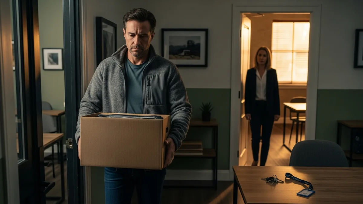 IT employee carrying a box of belongings out of a small business office on his last day