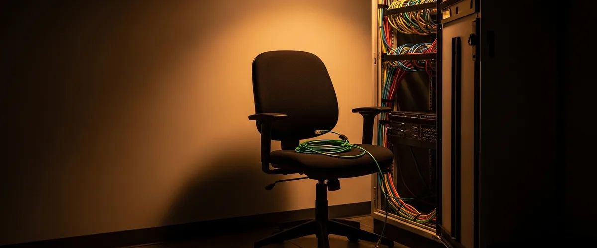 Empty office chair next to an open server rack in a small business server room