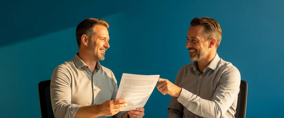 Small business owner and IT security consultant reviewing a printed password manager evaluation checklist