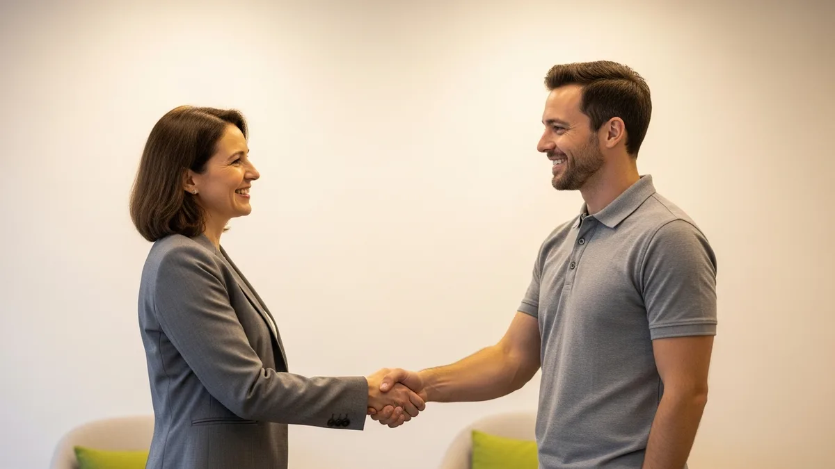 Small business owner shaking hands with a managed IT services technician in an office