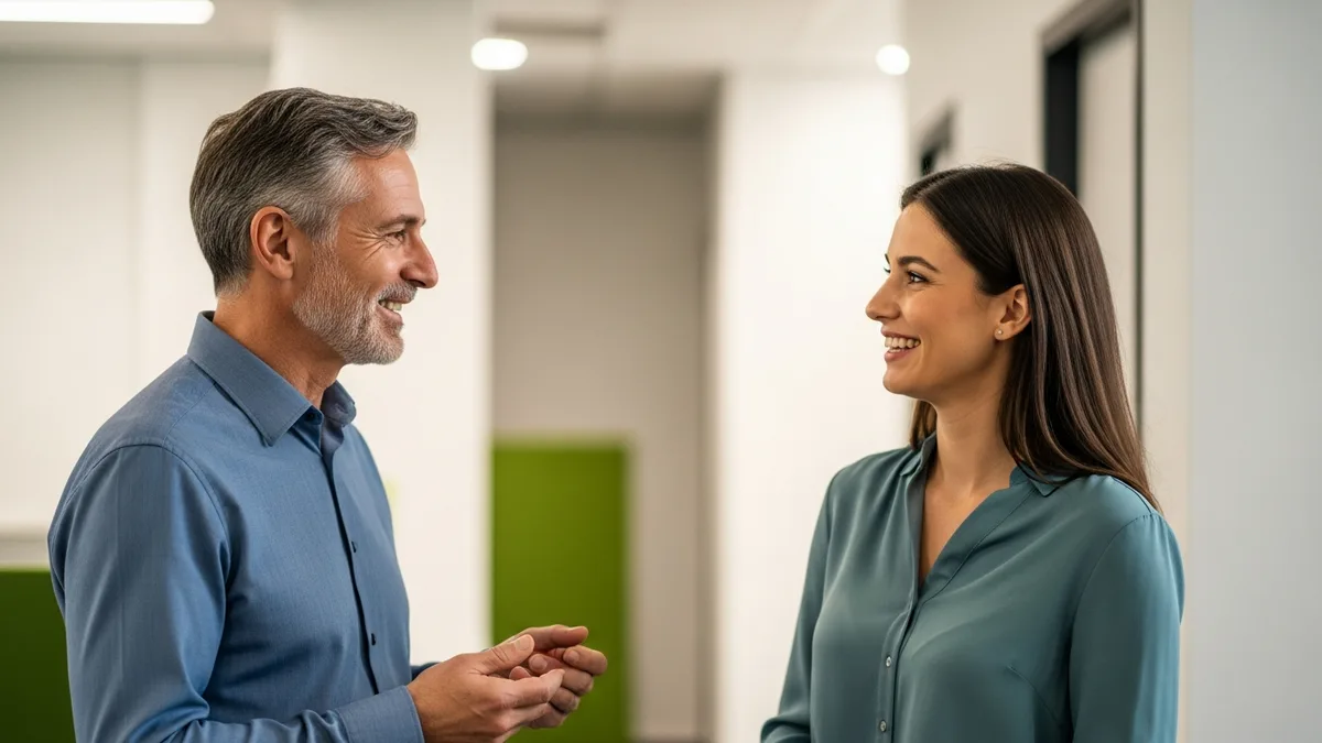 Senior and junior IT professionals talking in an office hallway