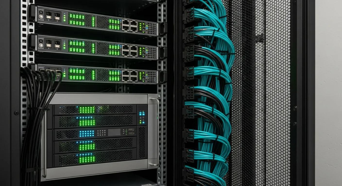 Close-up of a server and network storage rack with cabling in a small office server closet