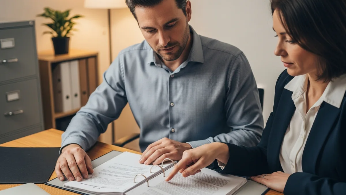 IT consultant and small business owner reviewing data security compliance documentation