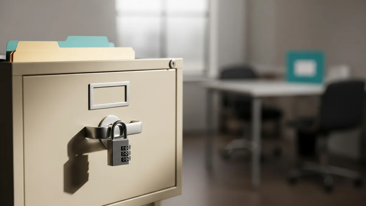 Locked filing cabinet drawer representing physical data security safeguards