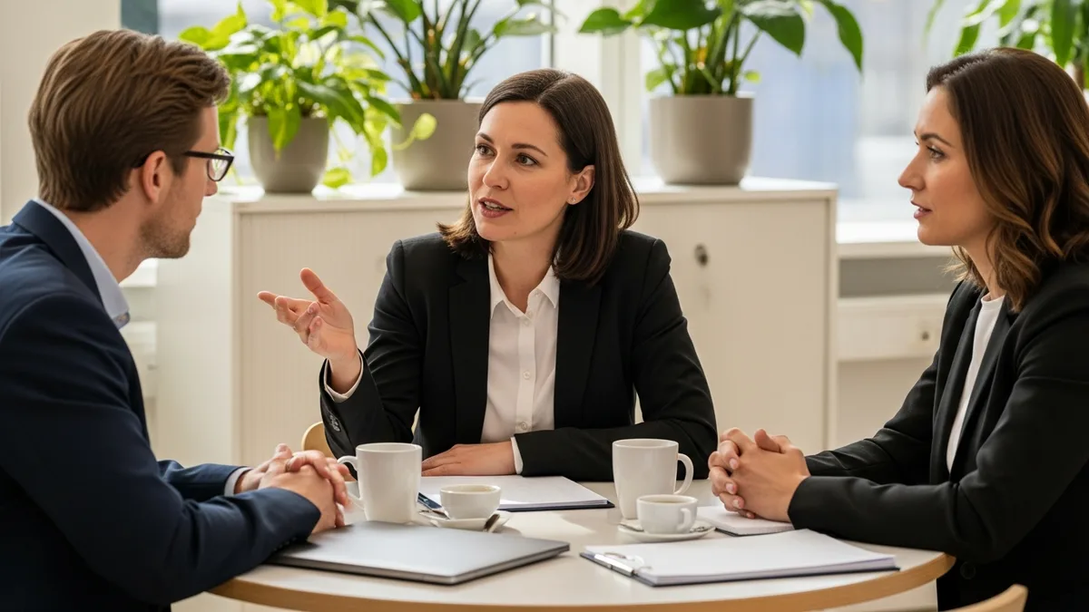 Small business team discussing data security practices around a table