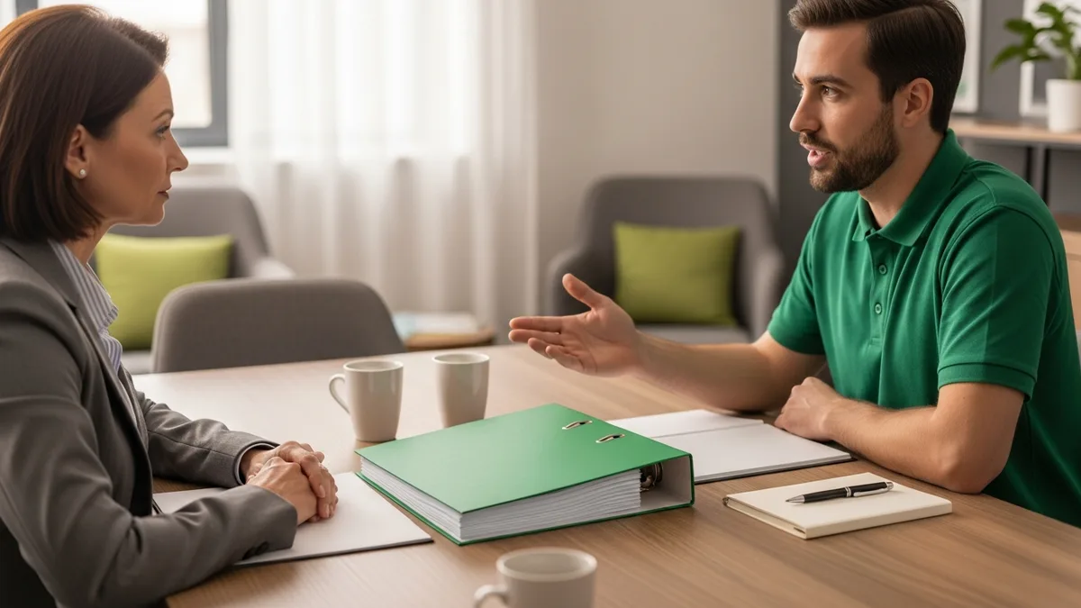 Business owner and IT technician discussing a network documentation binder at a conference table