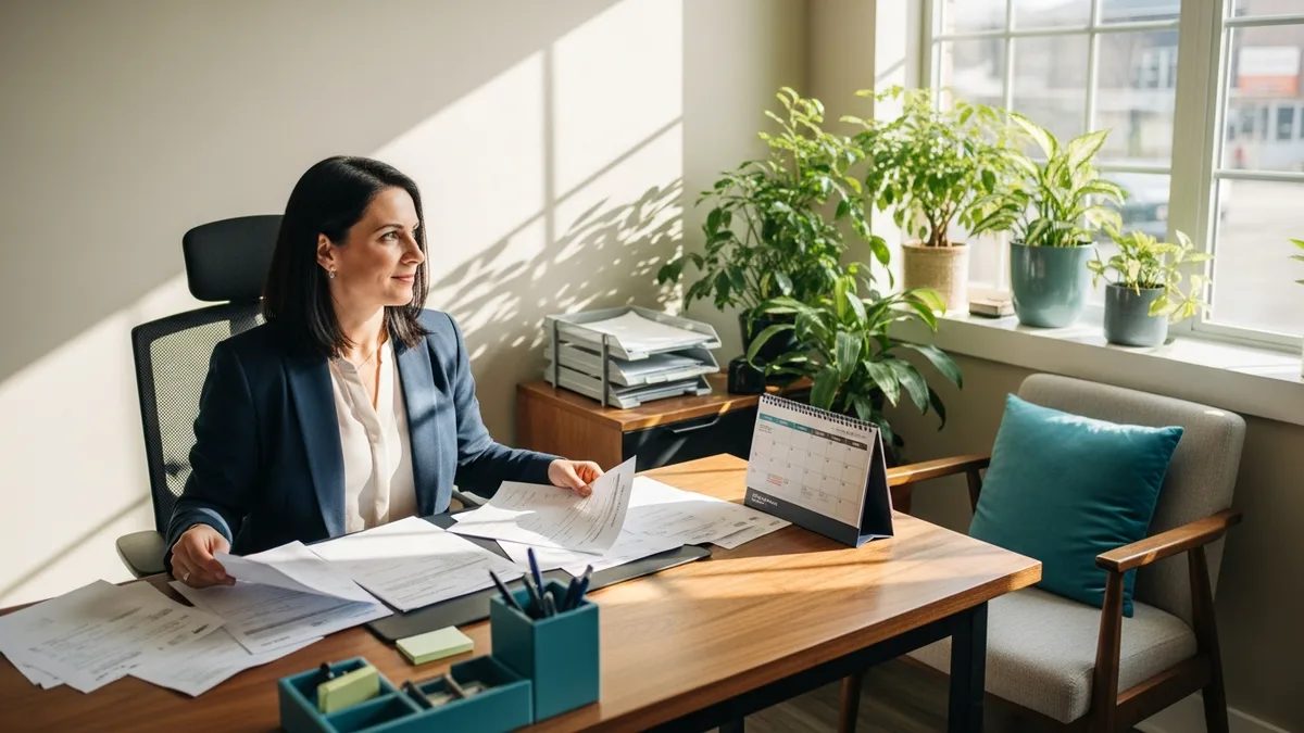 Small business owner reviewing invoices and paperwork at her office desk