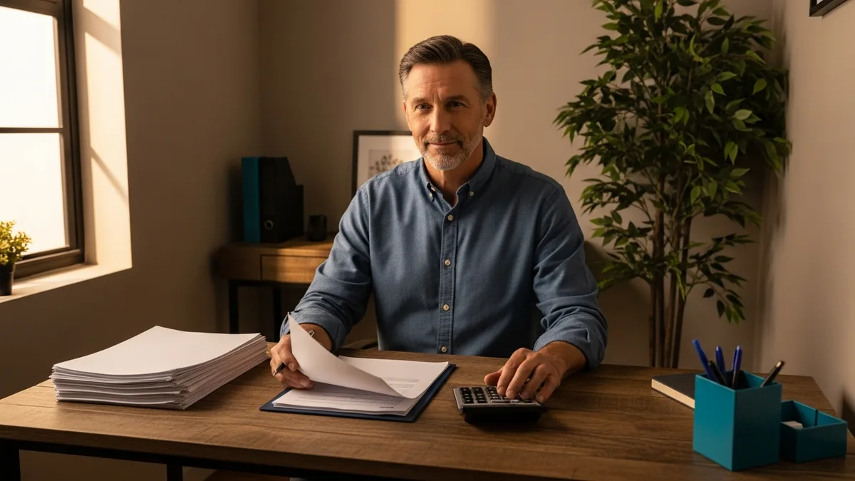 Small business owner reviewing IT budget and costs at his desk