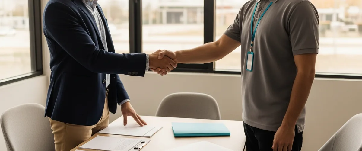 Small business owner shaking hands with an IT security consultant after a ransomware protection assessment in New York