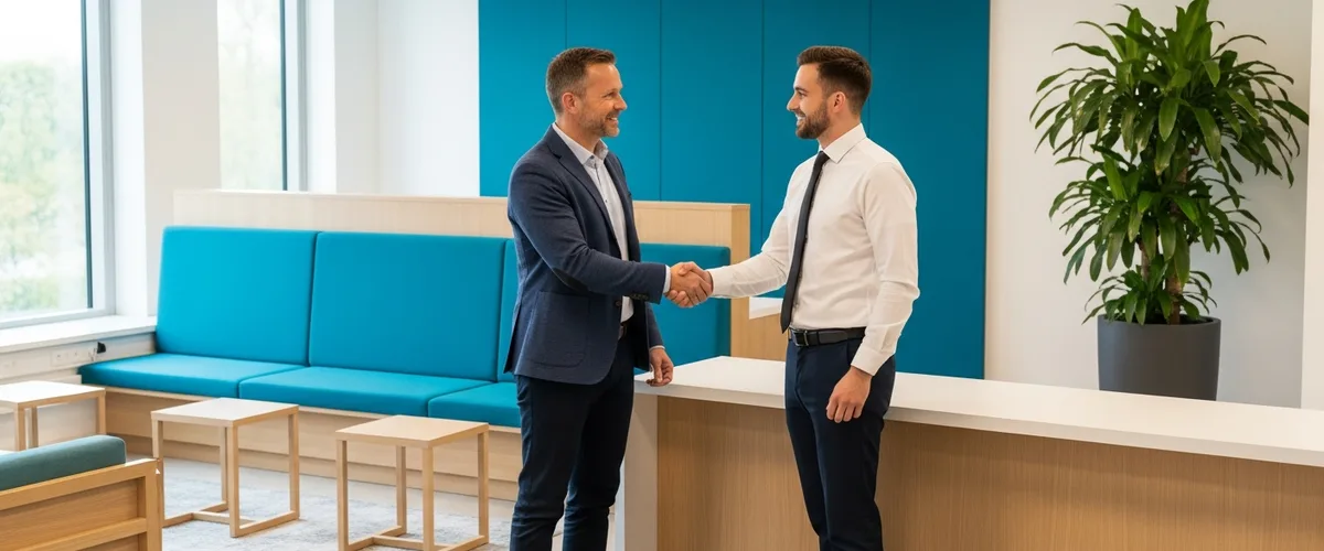 Business owner shaking hands with a new IT provider representative in an office lobby