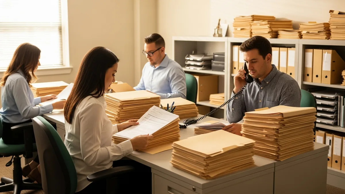 Accounting firm staff working through stacks of paper tax files at their desks during filing season