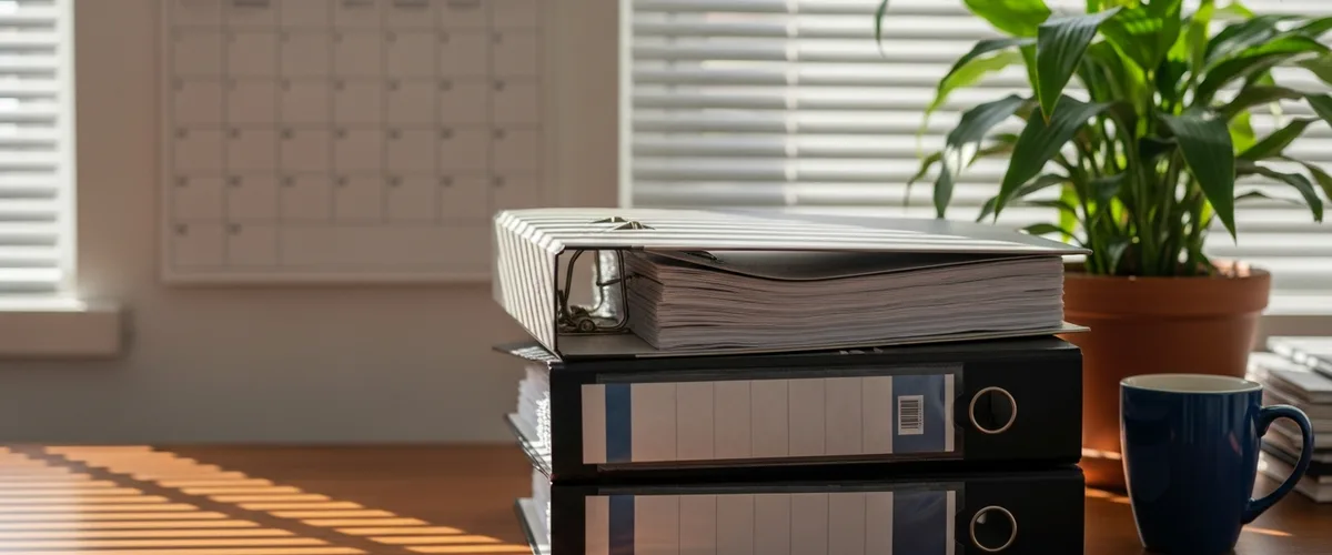 Stacked accounting binders on a desk with a blank wall calendar in the background