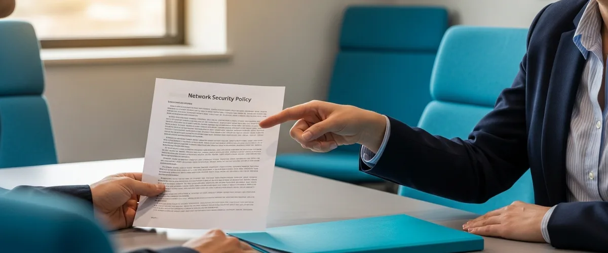 Two business professionals reviewing a printed network security policy document at a conference table