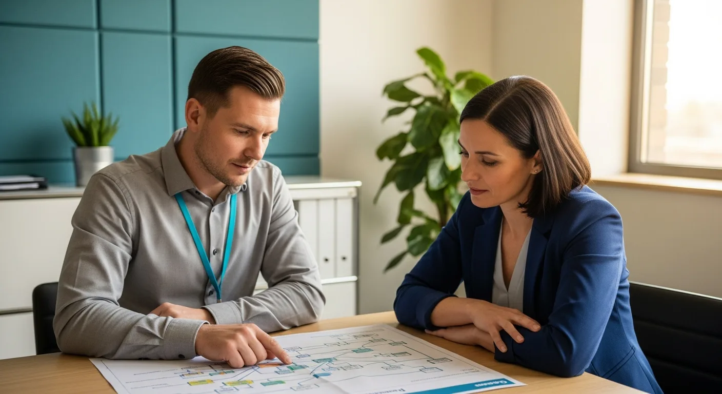 IT consultant and small business owner reviewing a printed network topology diagram together