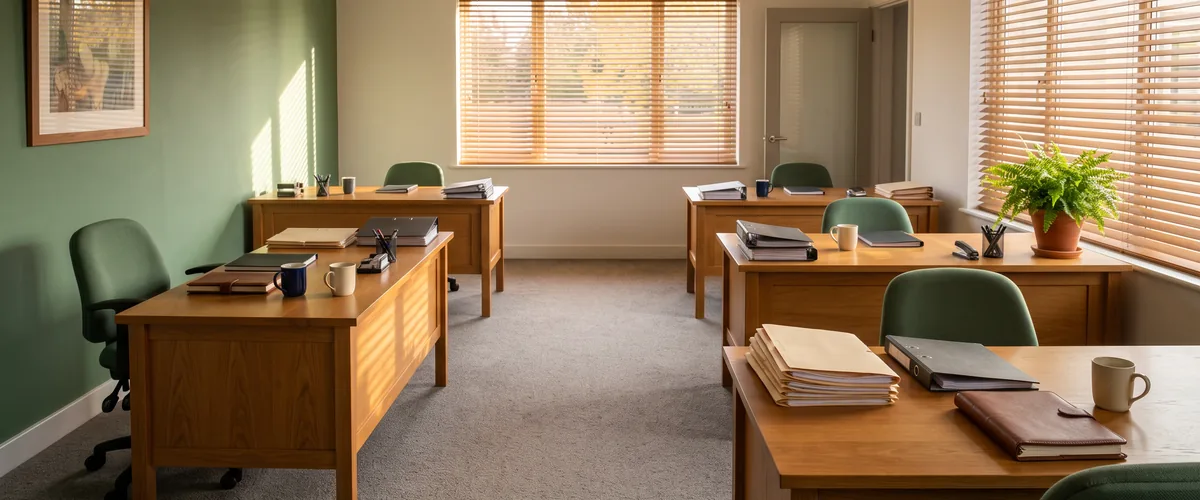 Small accounting firm office with client tax folders and binders stacked on desks before filing season