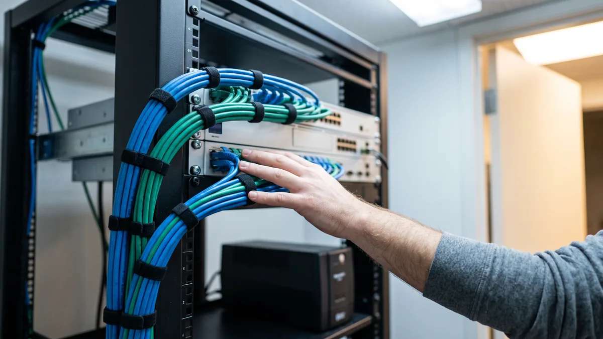 Engineer checking patch cabling on a network rack in a small accounting firm server closet