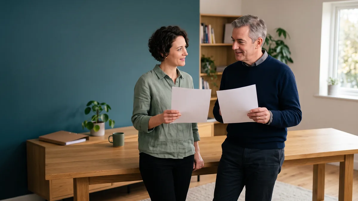 Two colleagues standing in an office each holding a different printed page, turned toward each other